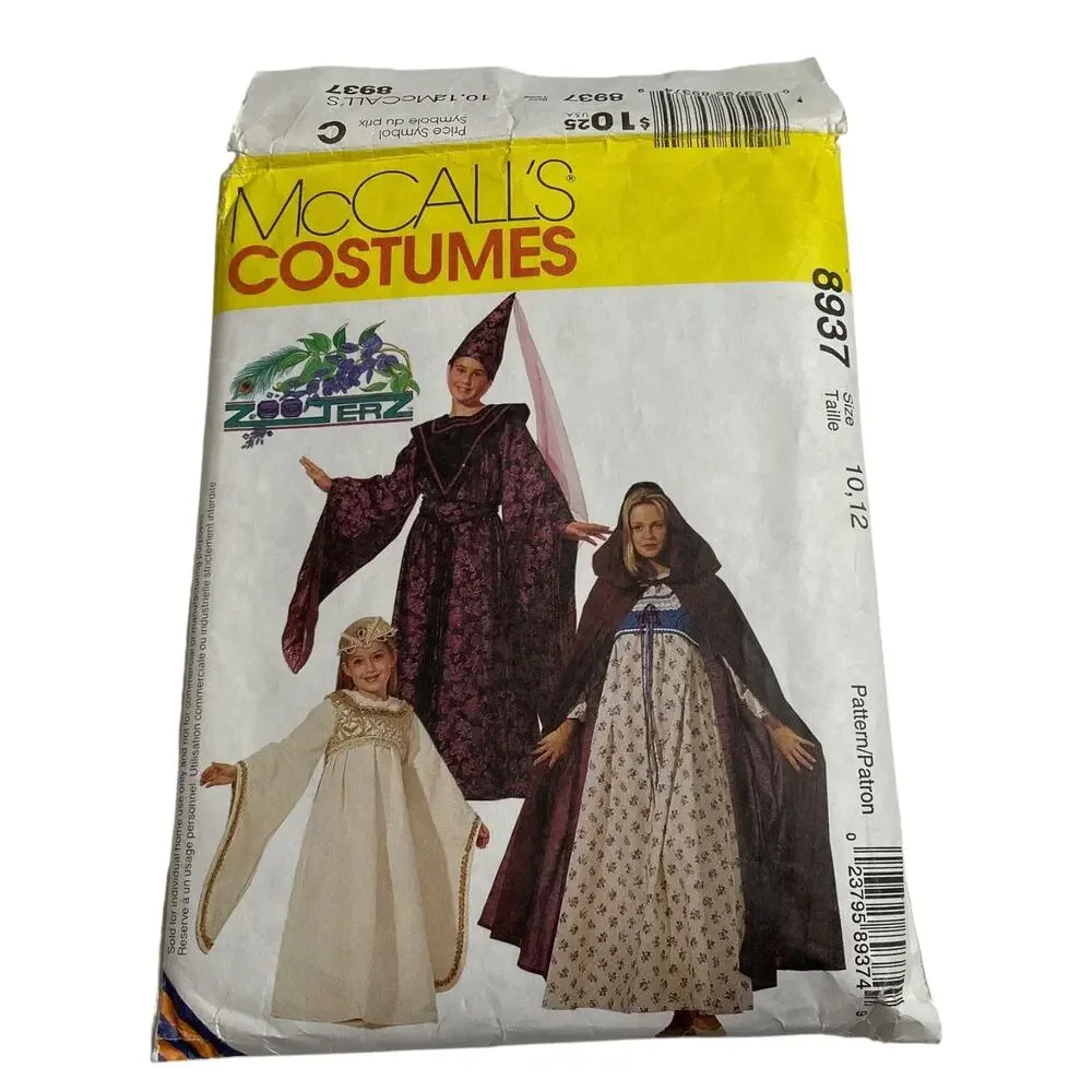 McCall's Medieval Costume 8937 Wizard Dress Gown Girls Size 10 12 Zooterz UNCUT
